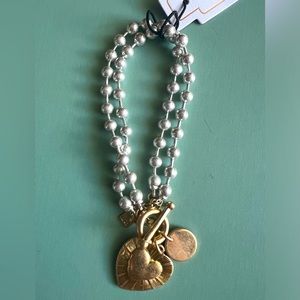 Canvas silver double beaded heart charm bracelet with heart in worn gold - NWT